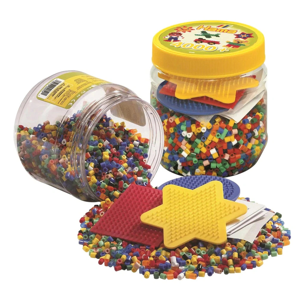 Pet Hama Iron-on Bead Set with 4000 colorful beads in multiple plastic containers featuring clear, yellow, and red lids.