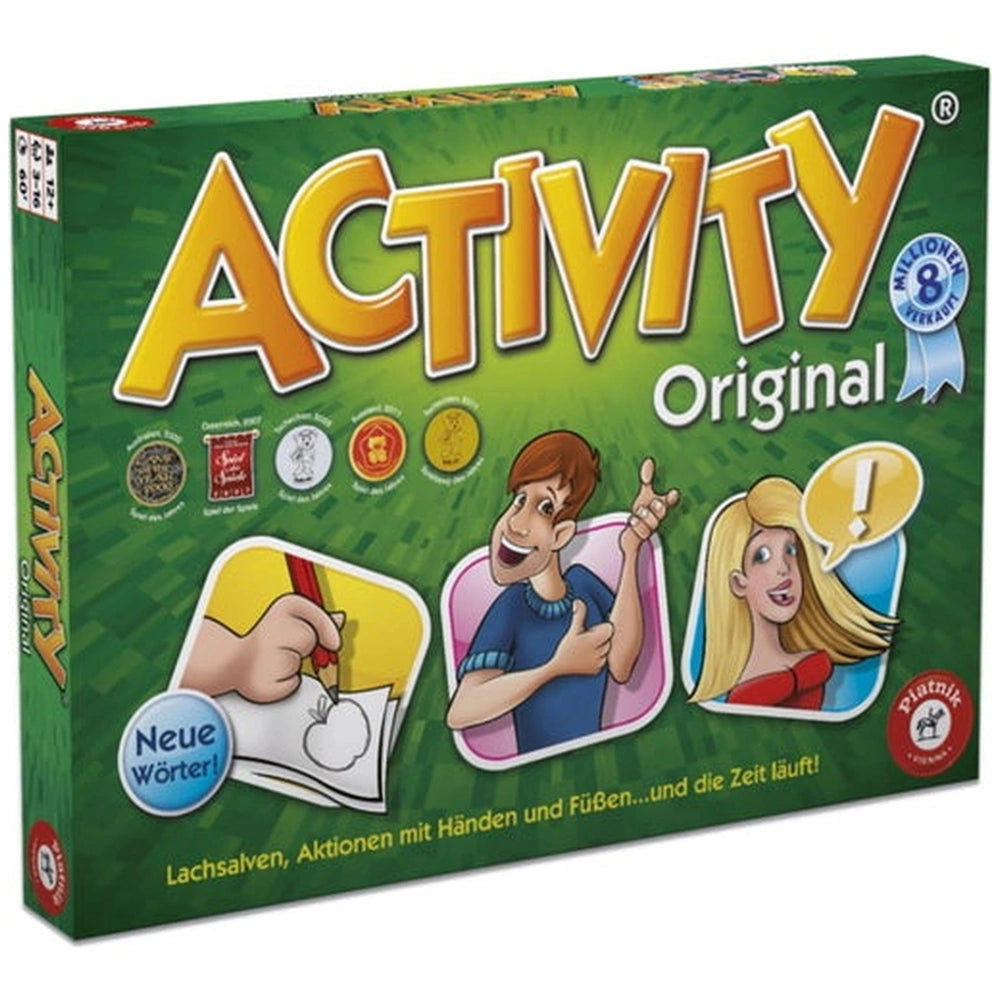PIATNIK Activity Original board game packaging with glossy green background, yellow and white text, and child's hand graphic.