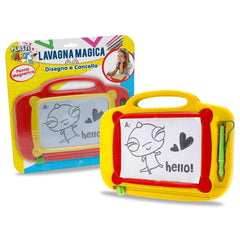 Magnetic drawing board with a yellow border, red base, white grid screen, and handle for easy carrying, promoting creativity.