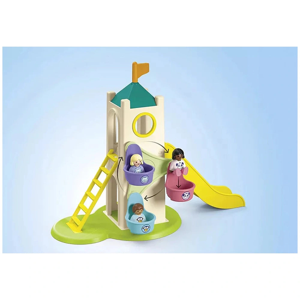 Playmobil Adventure Tower features a colorful multi-slide setup with smooth plastic materials and a vibrant ice cream booth.