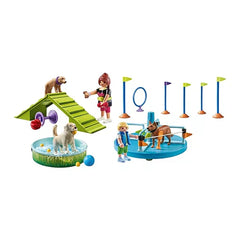 PLAYMOBIL Dog Park playset features a girl in blue and green with multiple colorful toys and a green plastic dog house and ra