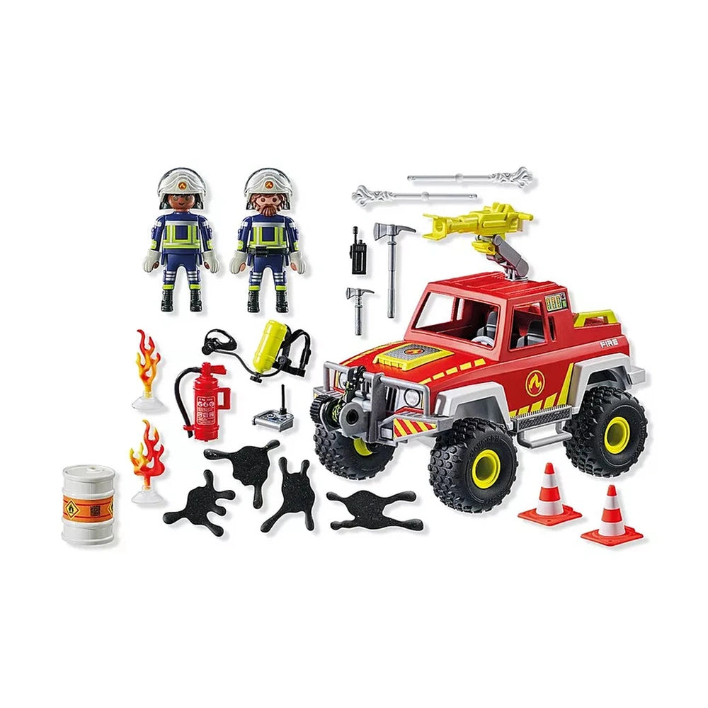 PLAYMOBIL firefighting truck toy playset featuring a detailed white fire extinguisher with red accents and a transparent wind