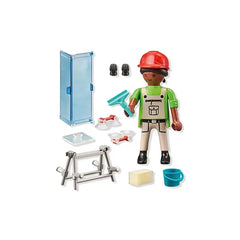 PLAYMOBIL Glazier toy playset features a plastic figure in a red hat, green shirt, tan pants, and includes a wooden base with