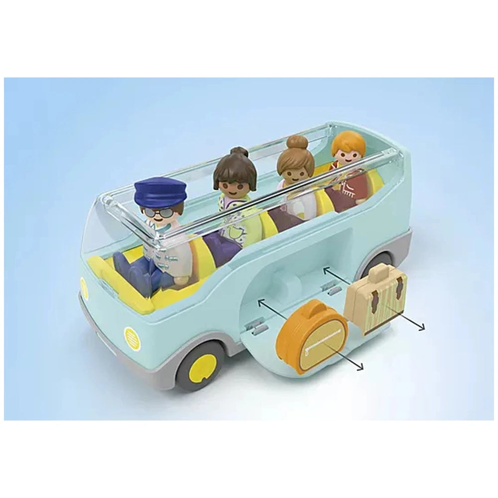 Playmobil Junior Airport Shuttle Bus features shiny plastic, transparent roof, yellow fabric seats, and silver metal details.