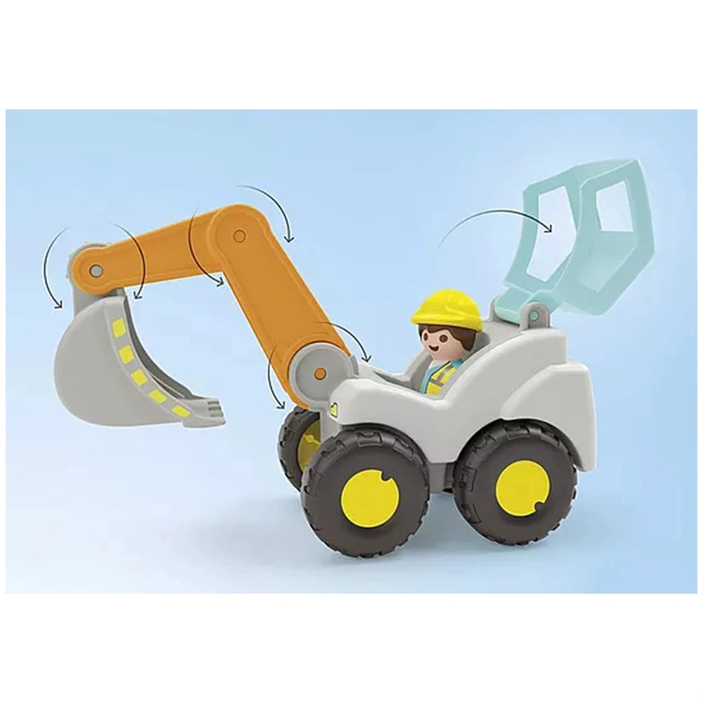 Playmobil Junior Shovel Excavator toy features an orange buckle, white bucket, yellow wheels, gray arm, and blue lid.