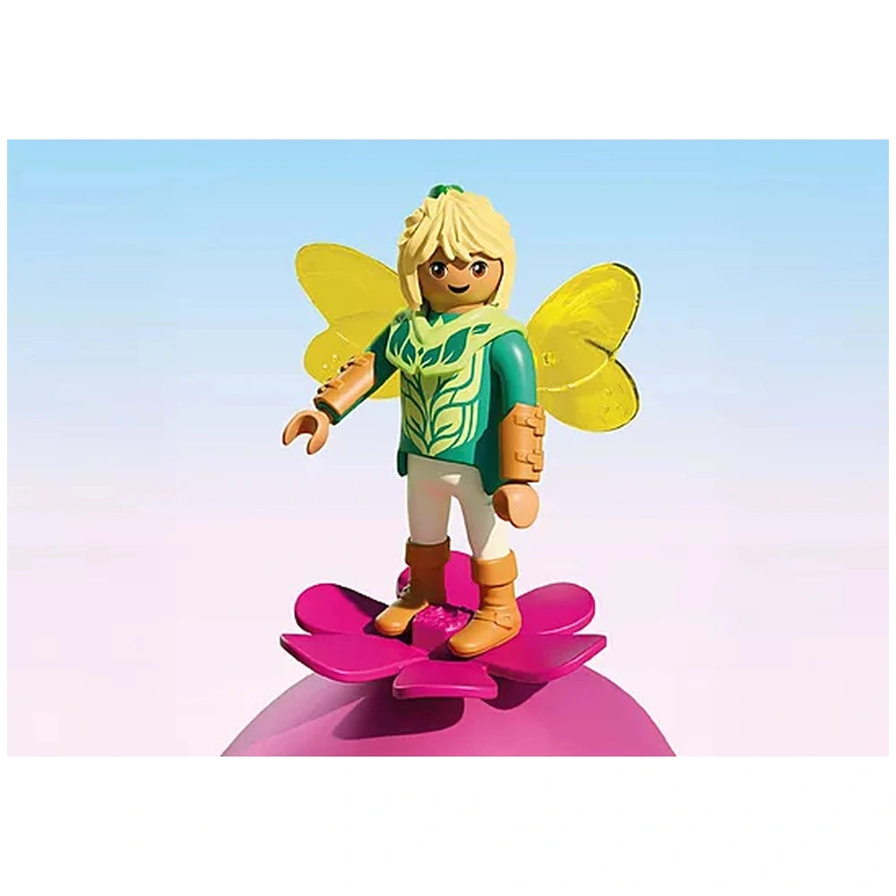 Playmobil Magic Unicorns Cozy Fairy Home features a smiling Lego minifigure with blonde hair, green leaf-patterned top, and p