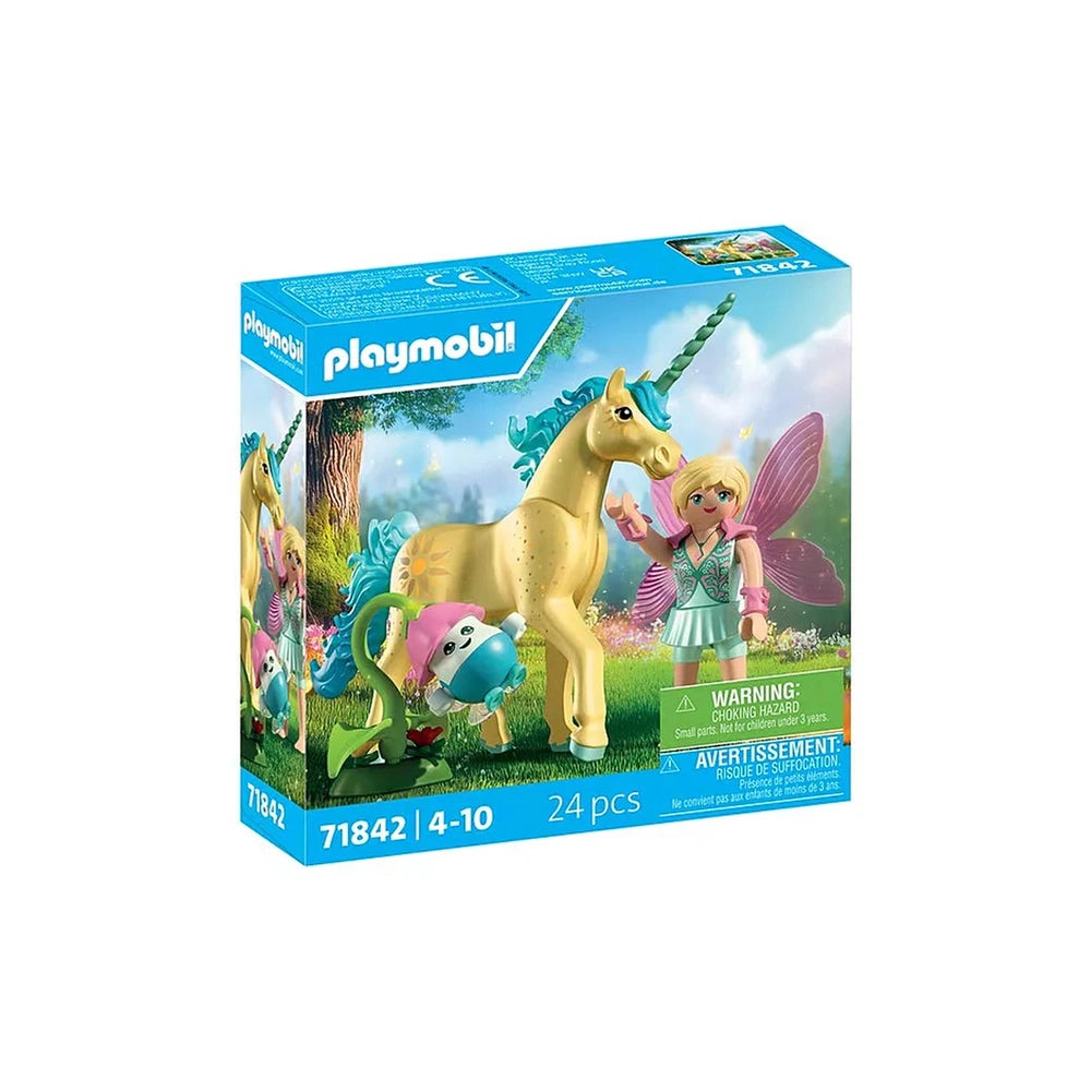 Playmobil Magic Unicorns Sunshine Blossom set features a brown toy horse, pink fairy, and warning labels on matte cardboard p