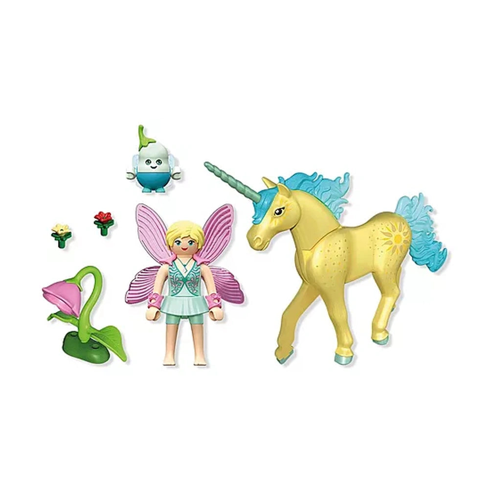 Playmobil Magic Unicorns Sunshine Blossom set featuring a yellow unicorn, pink and purple fairy, and green and pink flower.