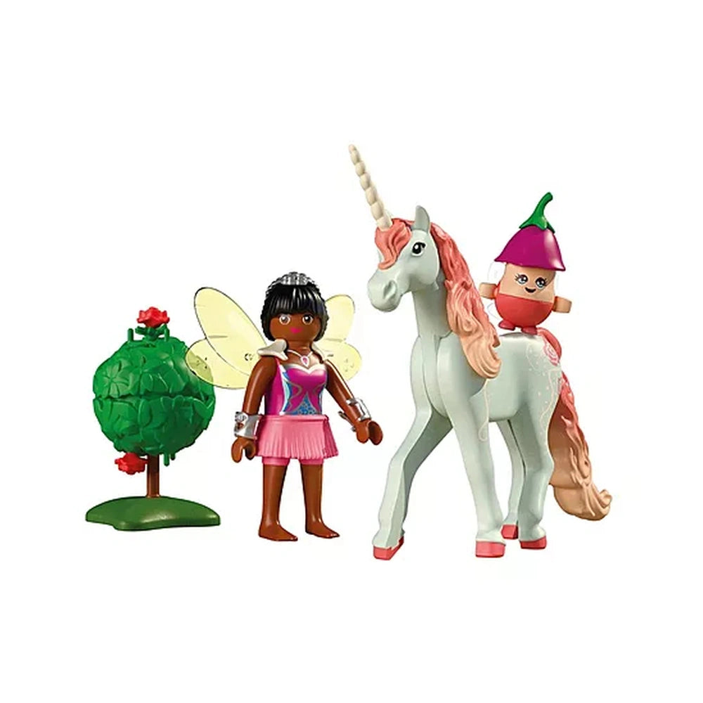 Playmobil Magic Unicorns toy playset featuring a white unicorn, girl in pink dress, green tree, and red strawberry.