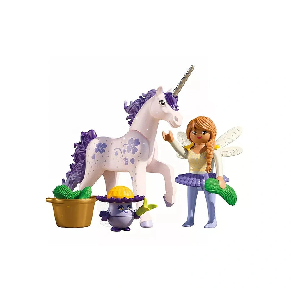 Playmobil Magic Unicorns toy playset featuring a purple horse, glossy unicorn, fairy with blonde hair, and a basket with gree