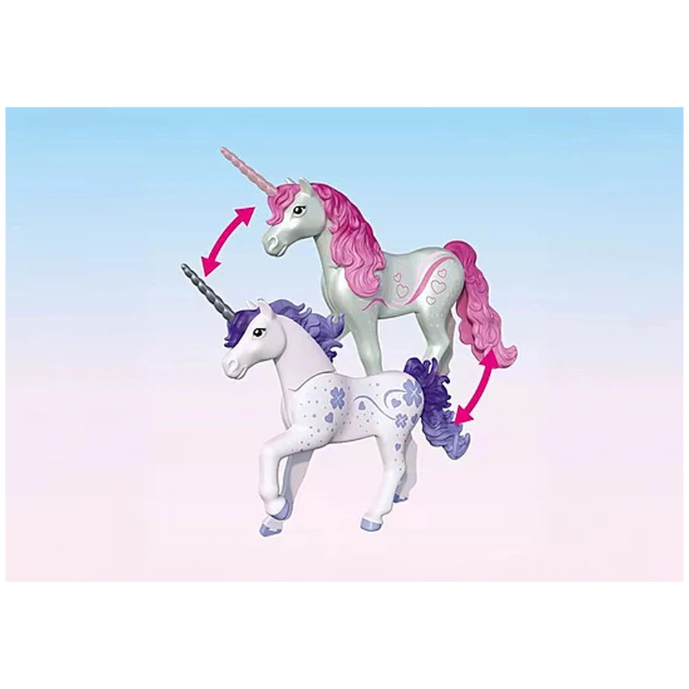 Playmobil Magic Unicorns toy playset features two glossy unicorn figurines with purple and pink manes on a light blue backgro