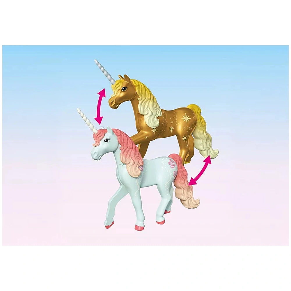 Playmobil Magic Unicorns toy playset featuring two glossy plastic unicorns with pink and yellow accents on a light blue backg