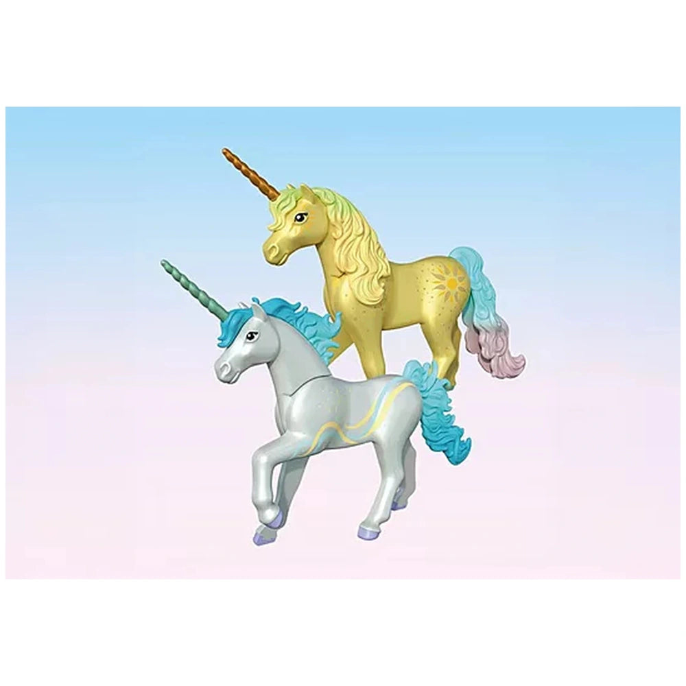 Playmobil Magic Unicorns toy playset featuring two shiny unicorn figures with white bodies, yellow stripes, and blue manes.