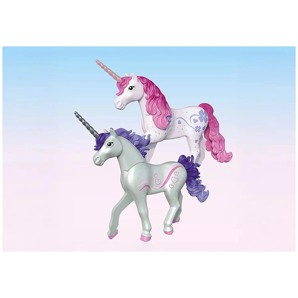 Playmobil Magical Unicorn Stable features two glossy plastic unicorns with purple and pink manes against a light blue backgro