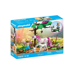 Playmobil Magical Unicorn Stable toy set packaging features a colorful scene with a unicorn, horse, girl figure, and 66 piece