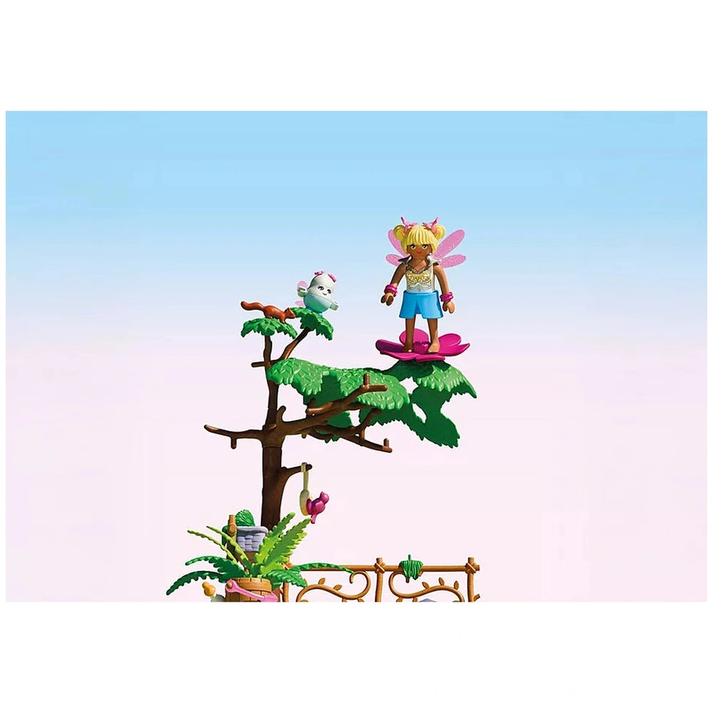 Playmobil Magical Unicorn Stable features a pink surfboard on blue water, a brown birdhouse, and a white bird perched on it.