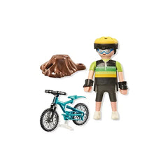 PLAYMOBIL Mountain Biker toy features a figure in a green and black outfit on a blue and black bicycle with rubber wheels.