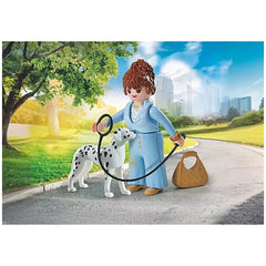 Playmobil My-Life-Manager toy playset features a woman in a blue dress with a spotted Dalmatian on a concrete sidewalk.