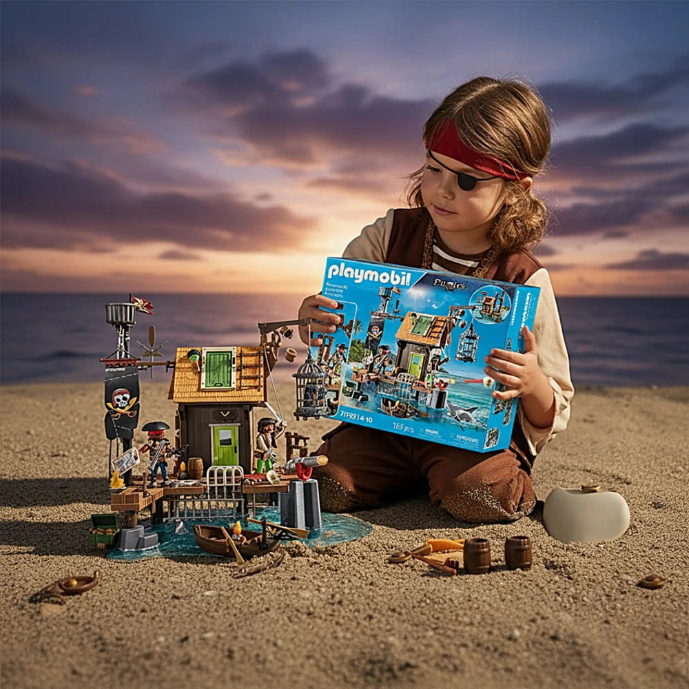 Playmobil Pirate-Harbor toy playset held by a child in a brown vest on sand with blue water and cloudy sky background.