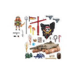 Playmobil Pirate Raft with Treasure features colorful flags, silver guns, and is crafted from plastic, cardboard, and fabric.