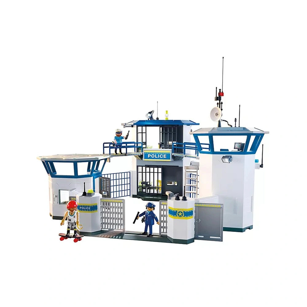 Playmobil Police Command Center features a blue-roofed station, toy figures in blue uniforms, police vehicles, and a skateboa