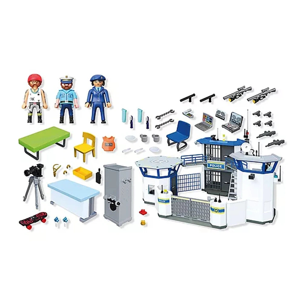 Playmobil Police Command Center features colorful plastic and cardboard elements, including a police car and station.