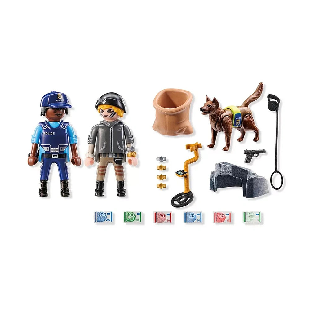 Playmobil Police-Search-With-Dog set featuring a plastic police officer, dog, car, money, handcuffs, gun, and fire hydrant.