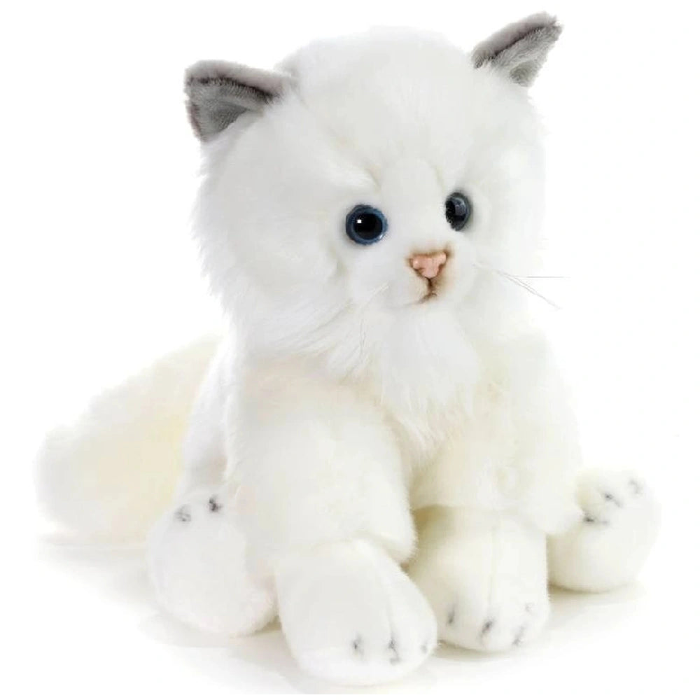 Raji Sitting White Cat plush toy features fluffy white fur, black reflective eyes, pink nose, and white paws with black dots.