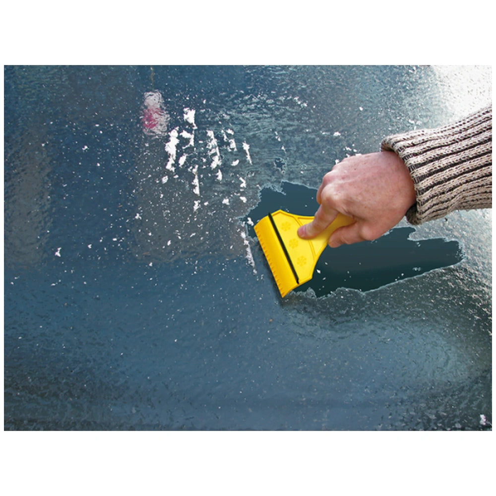 PROSPERPLAST Gerda Ice Scraper in red on a glossy dark blue surface with white snow, featuring a yellow snow shovel.