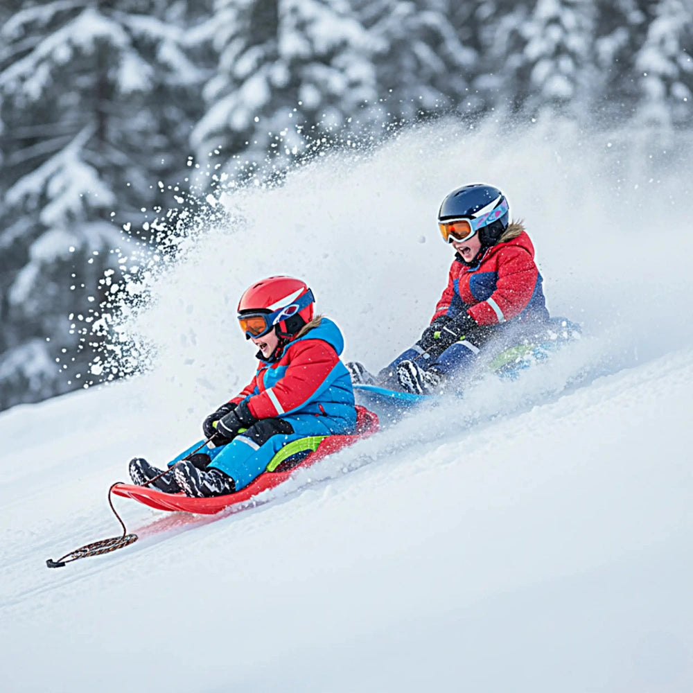 PROSPERPLAST Race S Sledge in blue, with two people in red and blue snowsuits, helmets, and orange goggles on snow.