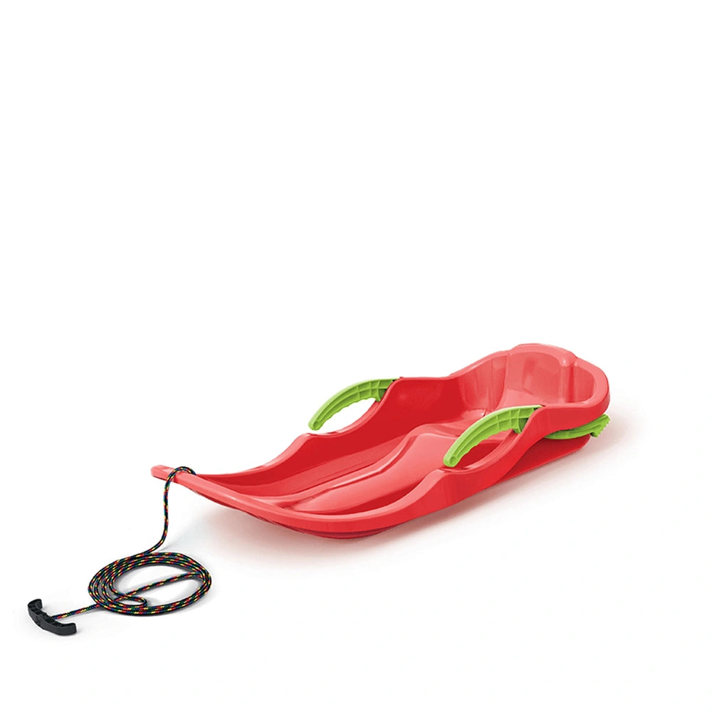 Red PROSPERPLAST Race S Sledge features shiny plastic, matte seat, two armrests, green accent, and black rope for outdoor pla