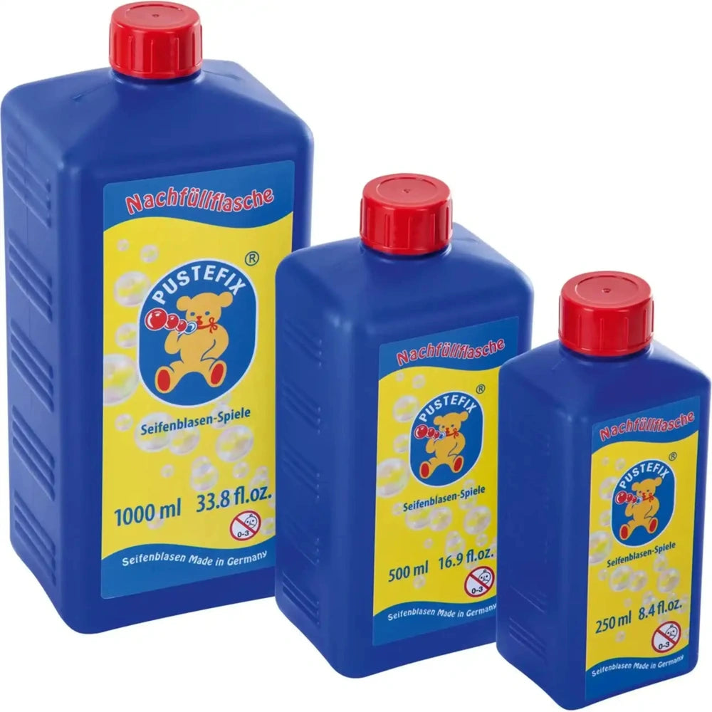 PUSTEFIX Professional Soap Bubble Liquid Refill 1000ml in glossy blue bottles with yellow labels and red caps featuring a bea