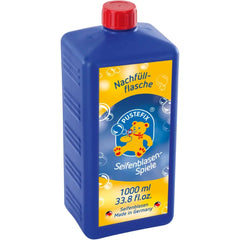 PUSTEFIX Professional Soap Bubble Liquid Refill in a blue plastic bottle with a red cap and yellow label featuring a teddy be