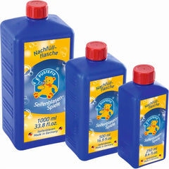 PUSTEFIX Professional Soap Bubble Liquid Refill 250ml bottles in blue with yellow labels, red caps, and German text.