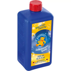 PUSTEFIX Professional Soap Bubble Liquid Refill 500ml in a blue plastic bottle with a red cap and a yellow label featuring a 