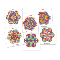 Quercetti FantaColor Mandala features six colorful geometric designs with varying patterns and sizes, labeled "Pixel Mandala 
