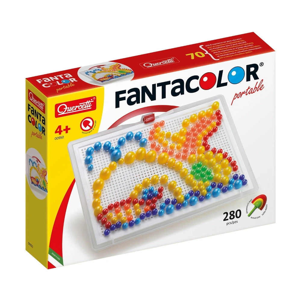 Quercetti FantaColor Portable arts and crafts set in glossy cardboard packaging with 280 colorful pieces for ages 4+.
