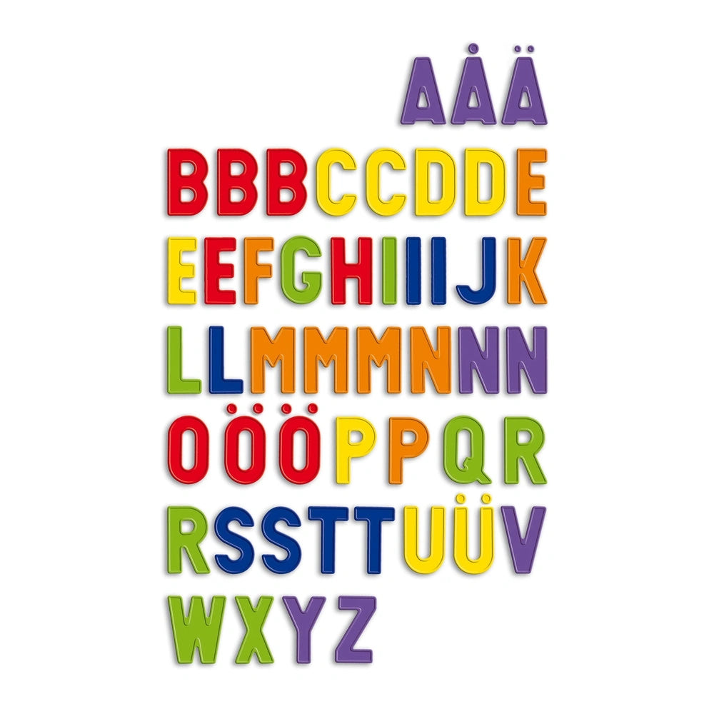Quercetti Magnetic Letters Refill features colorful uppercase letters and numbers in various sizes and orientations on a whit