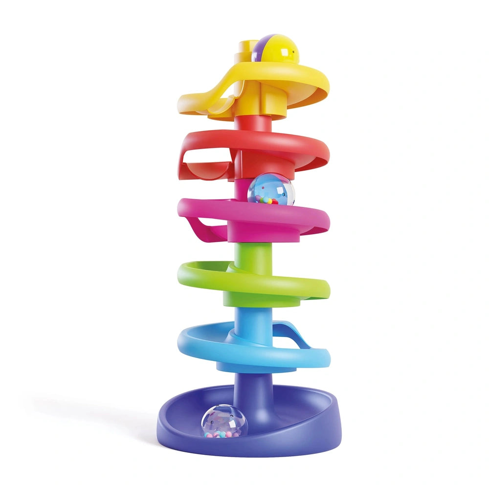 Quercetti Spiral Tower baby activity toy features a colorful multi-level design with a clear ball at the base.