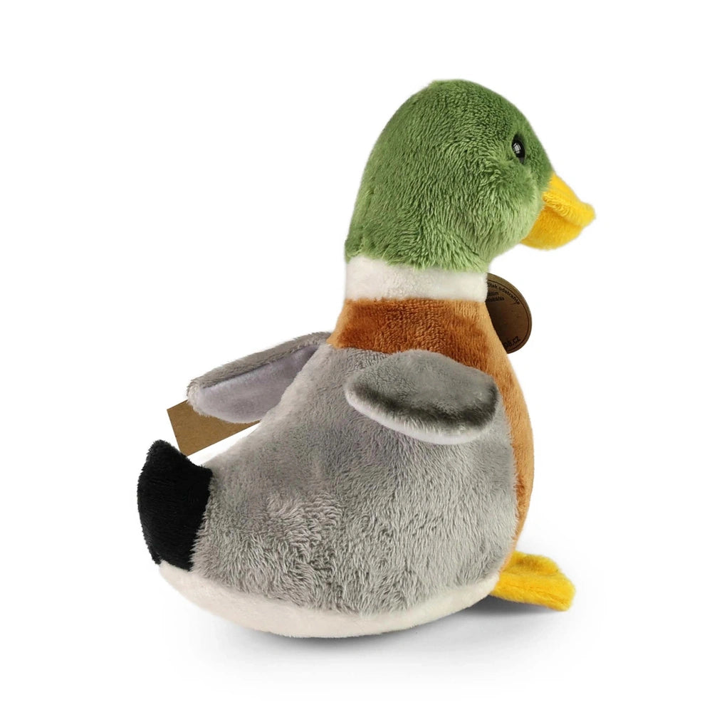 Plush duck toy with a green head, white body, brown markings, and yellow beak, sitting upright against a white background.