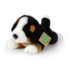 Plush Bernese mountain dog stuffed animal in black, white, and brown colors, featuring a tag that reads "ECO FRIENDLY."