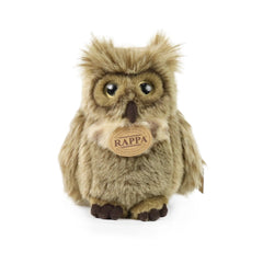 Plush eagle-owl toy in brown with large eyes, soft texture, and a tag reading "RAPPA" against a light background.