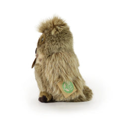 Plush eagle-owl toy in light brown and beige, featuring a soft, fuzzy texture and an "ORGANIC" tag on its back.