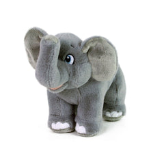 Plush elephant toy in gray with blue eyes, raised trunk, and floppy ears, standing upright on a white background.