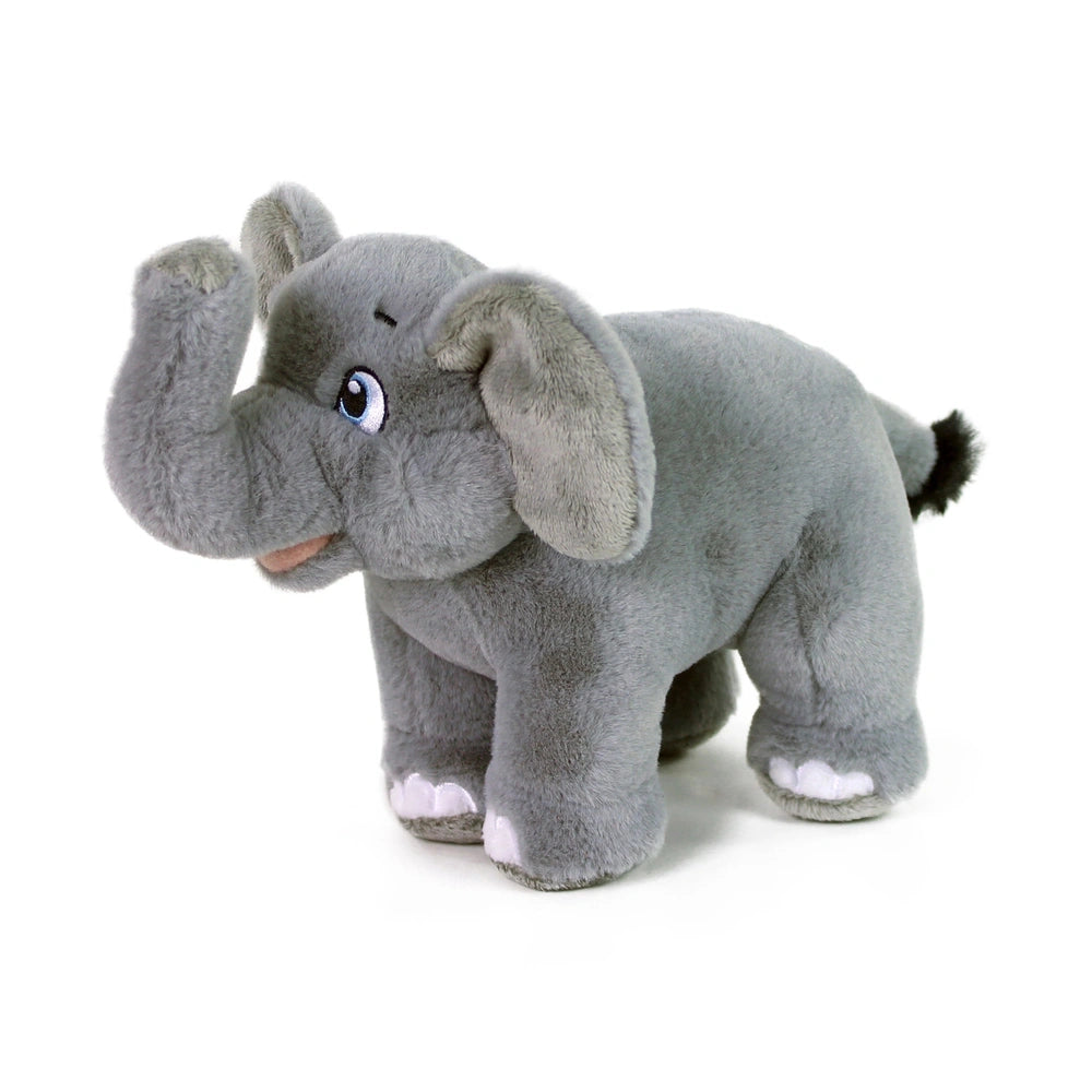 Plush elephant toy in grey with textured skin, large floppy ears, and a friendly expression against a light background.