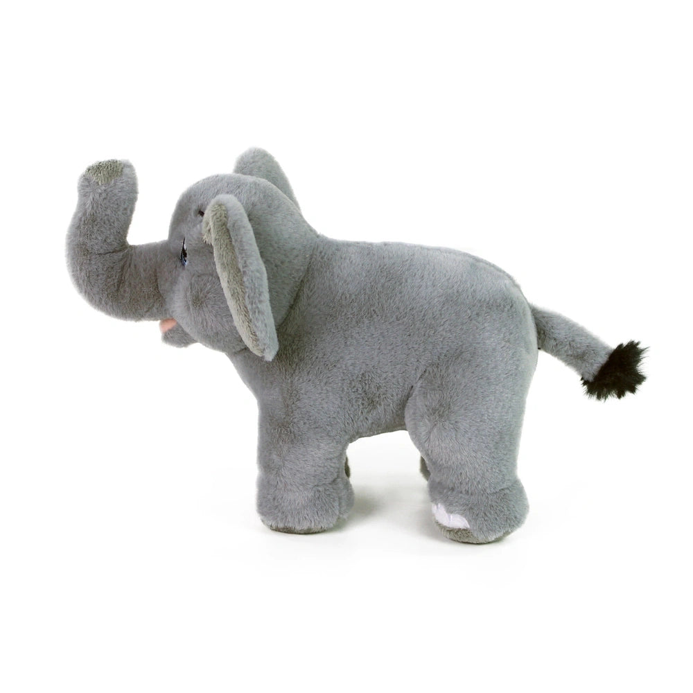Plush elephant stuffed toy in gray with lighter underside, facing the camera with trunk extended against a light background.