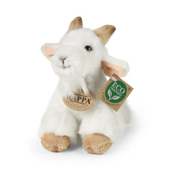 Plush goat toy with a white coat and brown horns, sitting upright against a light background, showcasing its cuddly design.