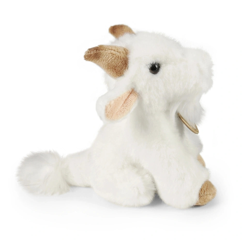 Plush goat stuffed animal with a fluffy white texture, sitting on a light background, showcasing its simple facial features.
