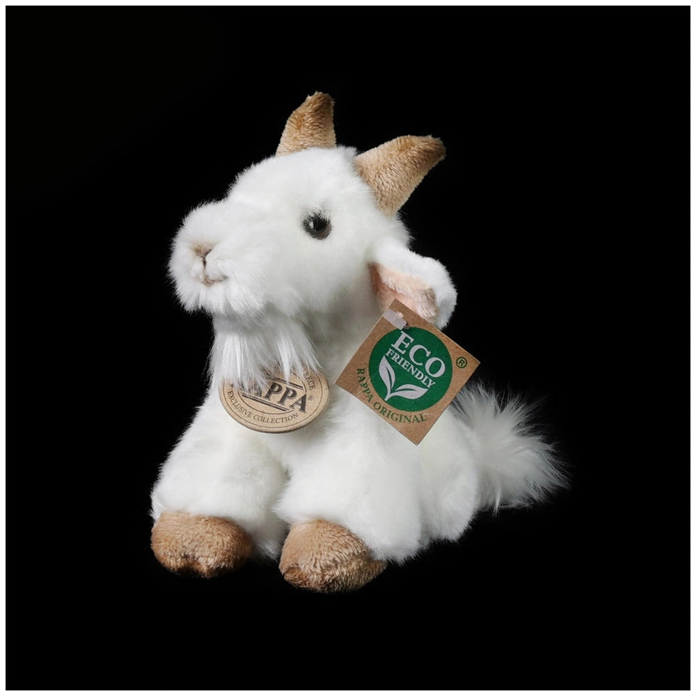 Plush goat stuffed animal with a fluffy tail, featuring an eco-friendly tag, set against a solid black background.