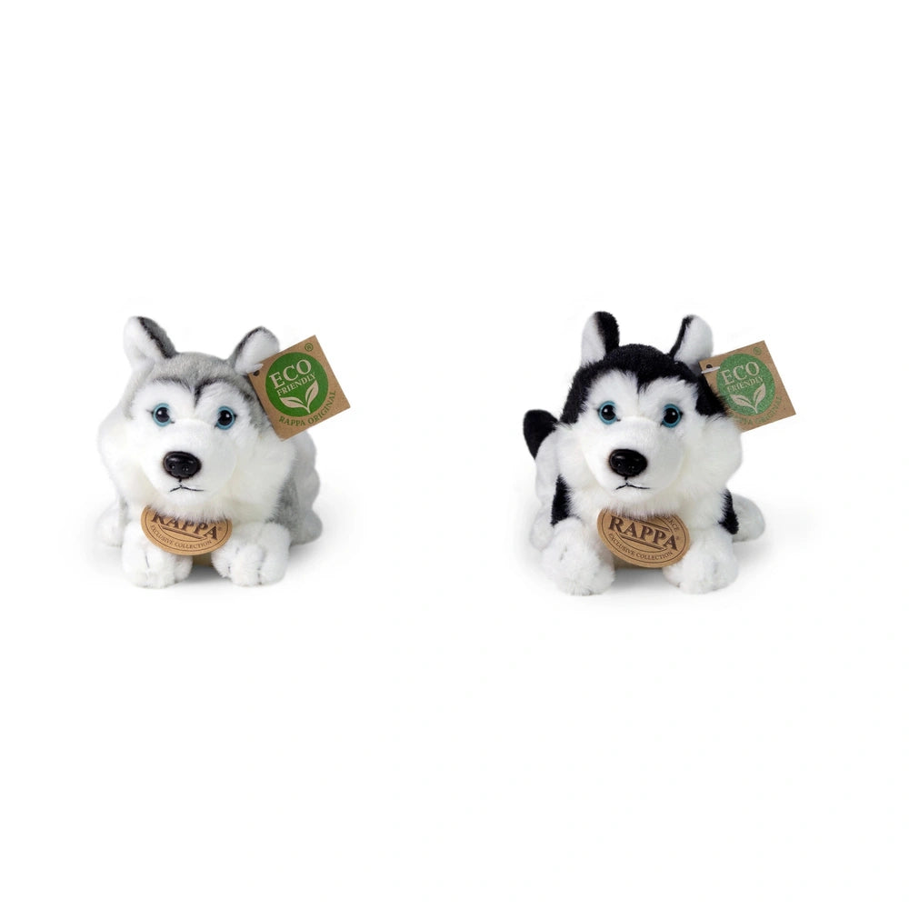 Plush husky dogs in white with black markings, featuring eco-friendly tags, designed for cuddling, on a white background.